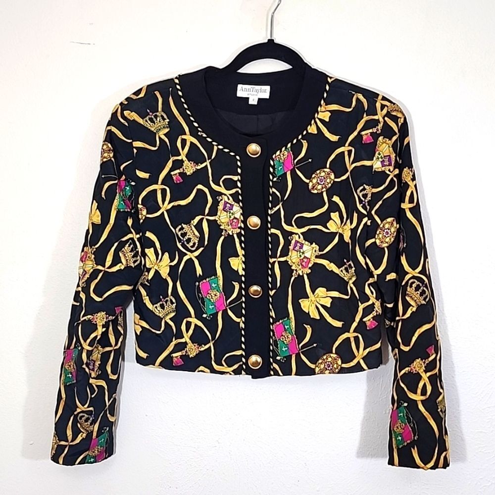 Ann Taylor Vintage Quilted Crown And Bow Printed Cropped Jacket Size 6